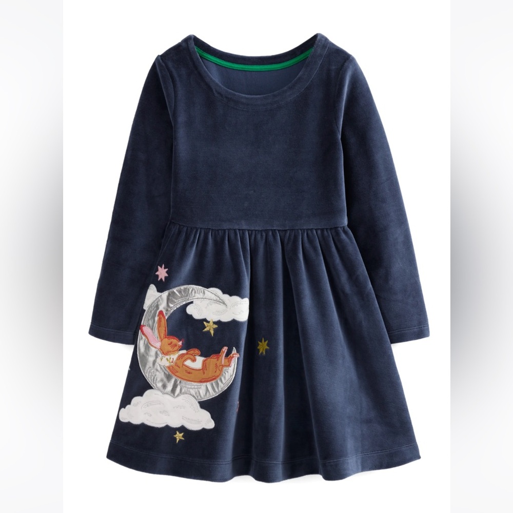 NWT $64 Mini Boden Kids' Bunny Appliqué Long Sleeve Velour Dress size 7-8 years